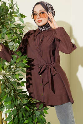 Yan Parça Bağlamalı Salaş Gömlek Kahve - NEVA MODA