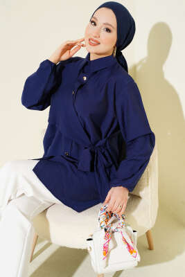 Yan Parça Bağlamalı Salaş Gömlek Lacivert - NEVA MODA