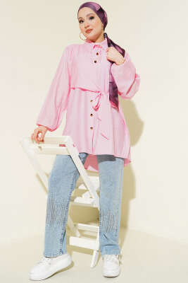 Yan Parça Bağlamalı Salaş Gömlek Pembe - Gömlek