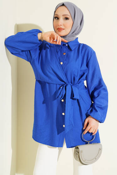 Yan Parça Bağlamalı Salaş Gömlek Saks - Gömlek