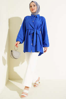 Yan Parça Bağlamalı Salaş Gömlek Saks - Gömlek