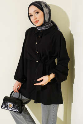 Yan Parça Bağlamalı Salaş Gömlek Siyah - NEVA MODA