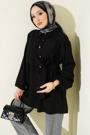 Yan Parça Bağlamalı Salaş Gömlek Siyah - Gömlek