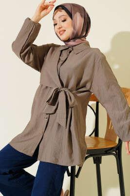 Yan Parça Bağlamalı Salaş Gömlek Vizon - NEVA MODA