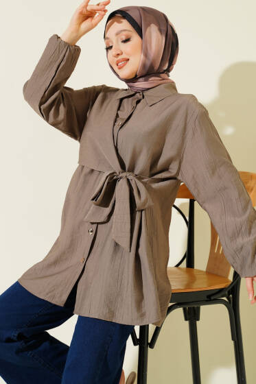 Yan Parça Bağlamalı Salaş Gömlek Vizon - Gömlek