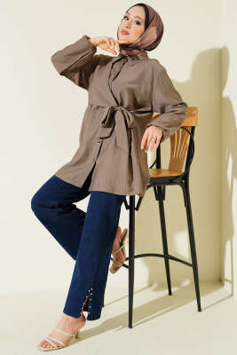 Yan Parça Bağlamalı Salaş Gömlek Vizon - Gömlek