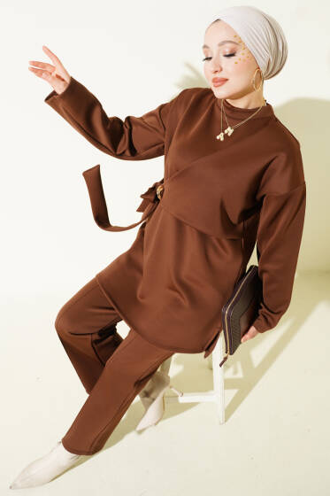 Yan Parça Bağlamalı Scuba İkili Takım Kahve - İkili Takım
