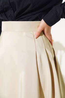 Yan Pileli Kloş Etek Bej - Uzun Etek