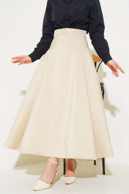 Yan Pileli Kloş Etek Bej - Uzun Etek