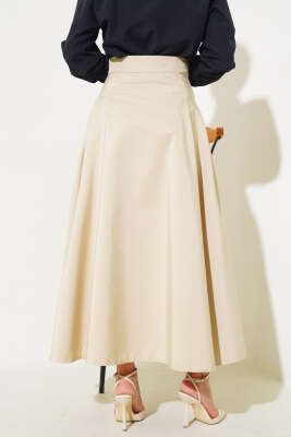 Yan Pileli Kloş Etek Bej - Uzun Etek