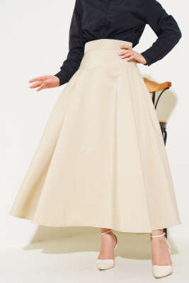 Yan Pileli Kloş Etek Bej - Uzun Etek