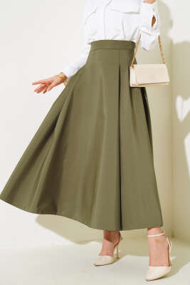 Yan Pileli Kloş Etek Haki - Uzun Etek