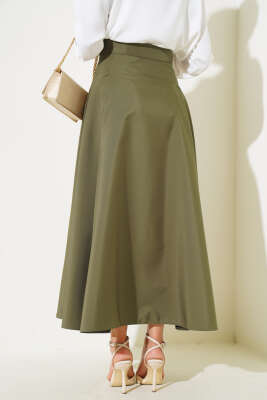 Yan Pileli Kloş Etek Haki - Uzun Etek