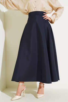 Yan Pileli Kloş Etek Lacivert - Uzun Etek