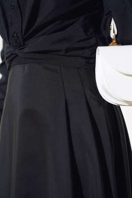 Yan Pileli Kloş Etek Siyah - Uzun Etek