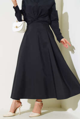 Yan Pileli Kloş Etek Siyah - Uzun Etek