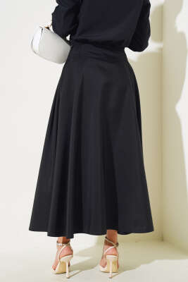 Yan Pileli Kloş Etek Siyah - Uzun Etek