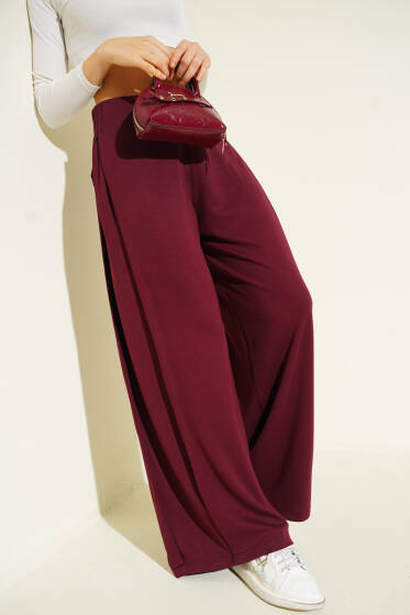 Yan Pileli Salaş Pantolon Bordo - Kadın Giyim Modelleri