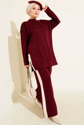 Yan Şerit Detaylı Triko İkili Takım Bordo - NESSİA