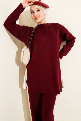 Yan Şerit Detaylı Triko İkili Takım Bordo - İkili Takım