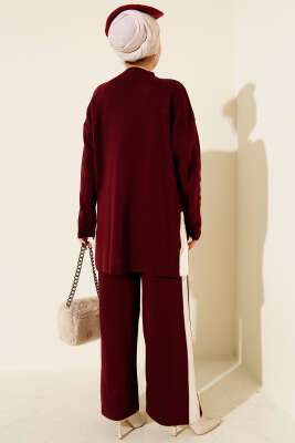 Yan Şerit Detaylı Triko İkili Takım Bordo - İkili Takım