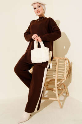 Yan Şerit Detaylı Triko İkili Takım Kahve - İkili Takım