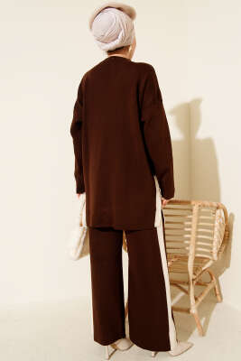 Yan Şerit Detaylı Triko İkili Takım Kahve - İkili Takım