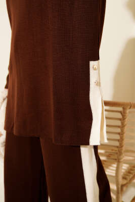 Yan Şerit Detaylı Triko İkili Takım Kahve - İkili Takım