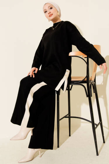 Yan Şerit Detaylı Triko İkili Takım Siyah - İkili Takım