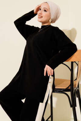 Yan Şerit Detaylı Triko İkili Takım Siyah - İkili Takım