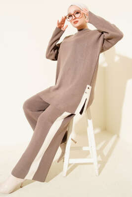 Yan Şerit Detaylı Triko İkili Takım Vizon - NESSİA