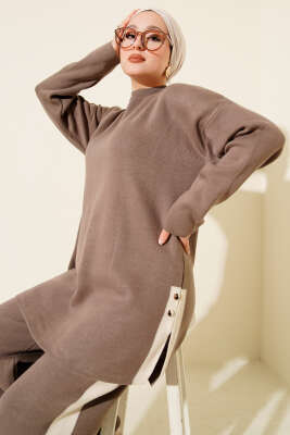 Yan Şerit Detaylı Triko İkili Takım Vizon - İkili Takım