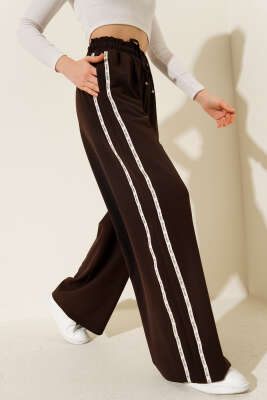 Yan Şeritli Bel Lastikli Palazzo Pantolon Kahve - QUZU