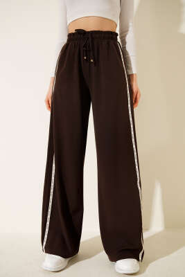 Yan Şeritli Bel Lastikli Palazzo Pantolon Kahve - Kadın Giyim Modelleri