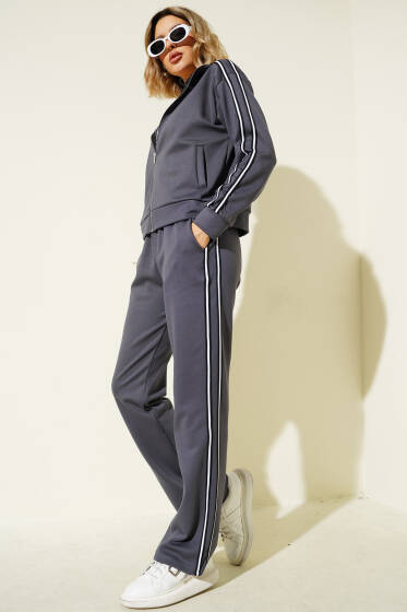 Yan Şeritli Fermuarlı İkili Takım Füme - Kadın Giyim Modelleri