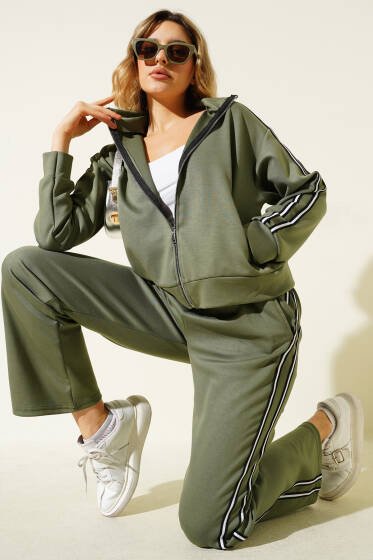 Yan Şeritli Fermuarlı İkili Takım Haki - Kadın Giyim Modelleri