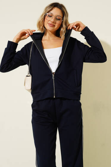 Yan Şeritli Fermuarlı İkili Takım Lacivert - Kadın Giyim Modelleri