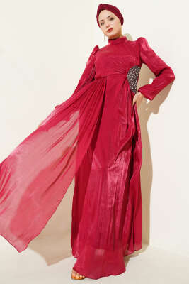 Yan Taş Detaylı Büzgülü Abiye Elbise Bordo - Elbise