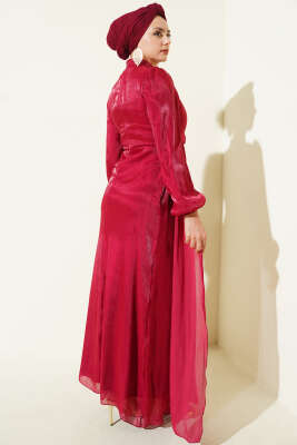 Yan Taş Detaylı Büzgülü Abiye Elbise Bordo - Elbise