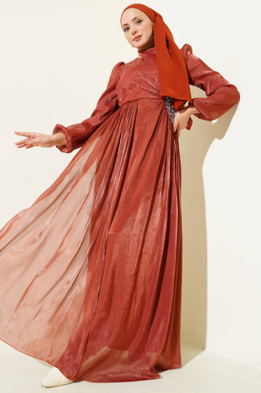 Yan Taş Detaylı Büzgülü Abiye Elbise Kiremit - Elbise