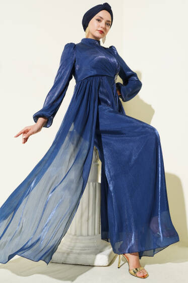 Yan Taş Detaylı Büzgülü Abiye Elbise Lacivert - Elbise