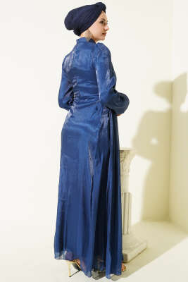 Yan Taş Detaylı Büzgülü Abiye Elbise Lacivert - Elbise