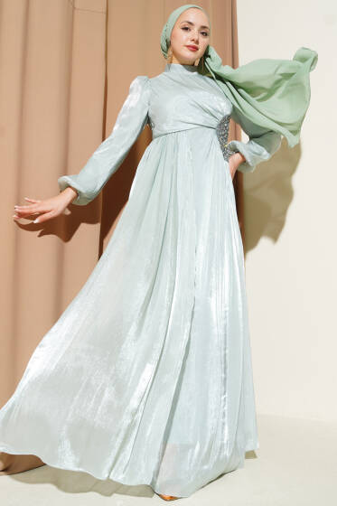 Yan Taş Detaylı Büzgülü Abiye Elbise Mint - Elbise