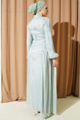 Yan Taş Detaylı Büzgülü Abiye Elbise Mint - Elbise