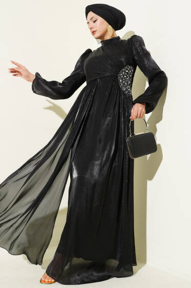 Yan Taş Detaylı Büzgülü Abiye Elbise Siyah - Elbise