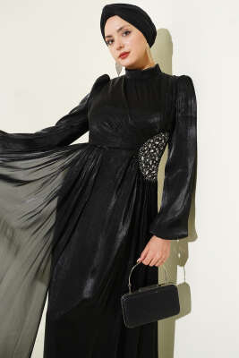 Yan Taş Detaylı Büzgülü Abiye Elbise Siyah - Elbise