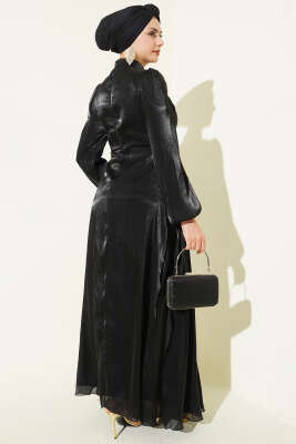 Yan Taş Detaylı Büzgülü Abiye Elbise Siyah - Elbise