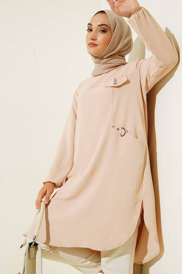 Yan Tek Cepli Ayrobin Tunik Bej - Tunik