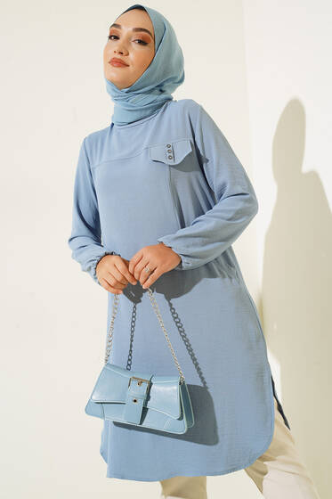 Yan Tek Cepli Ayrobin Tunik Buz Mavisi - Tunik