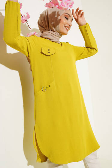 Yan Tek Cepli Ayrobin Tunik Neon Yeşili - Tunik